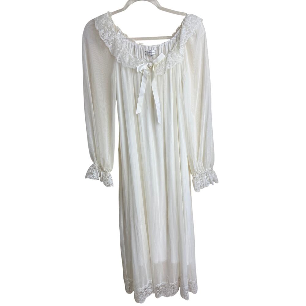 S PRINCESS Vintage Style Nightgown Size M Off White Chiffon Lace Bow Lined Midi